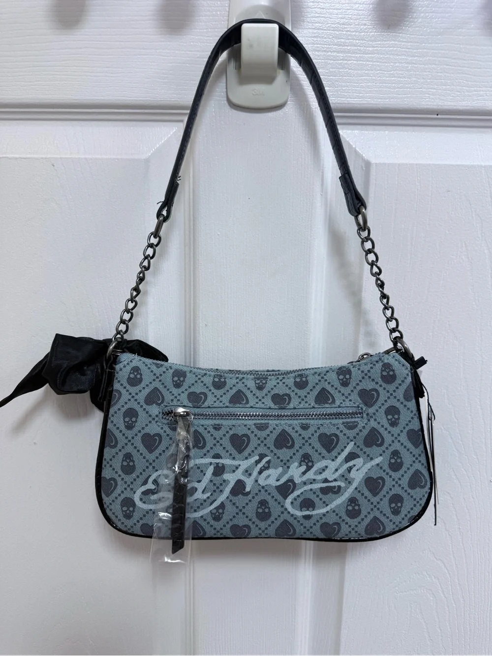 NWT Ed Hardy Blue Heart & Skull Print Chain Shoulder Bag with Bow